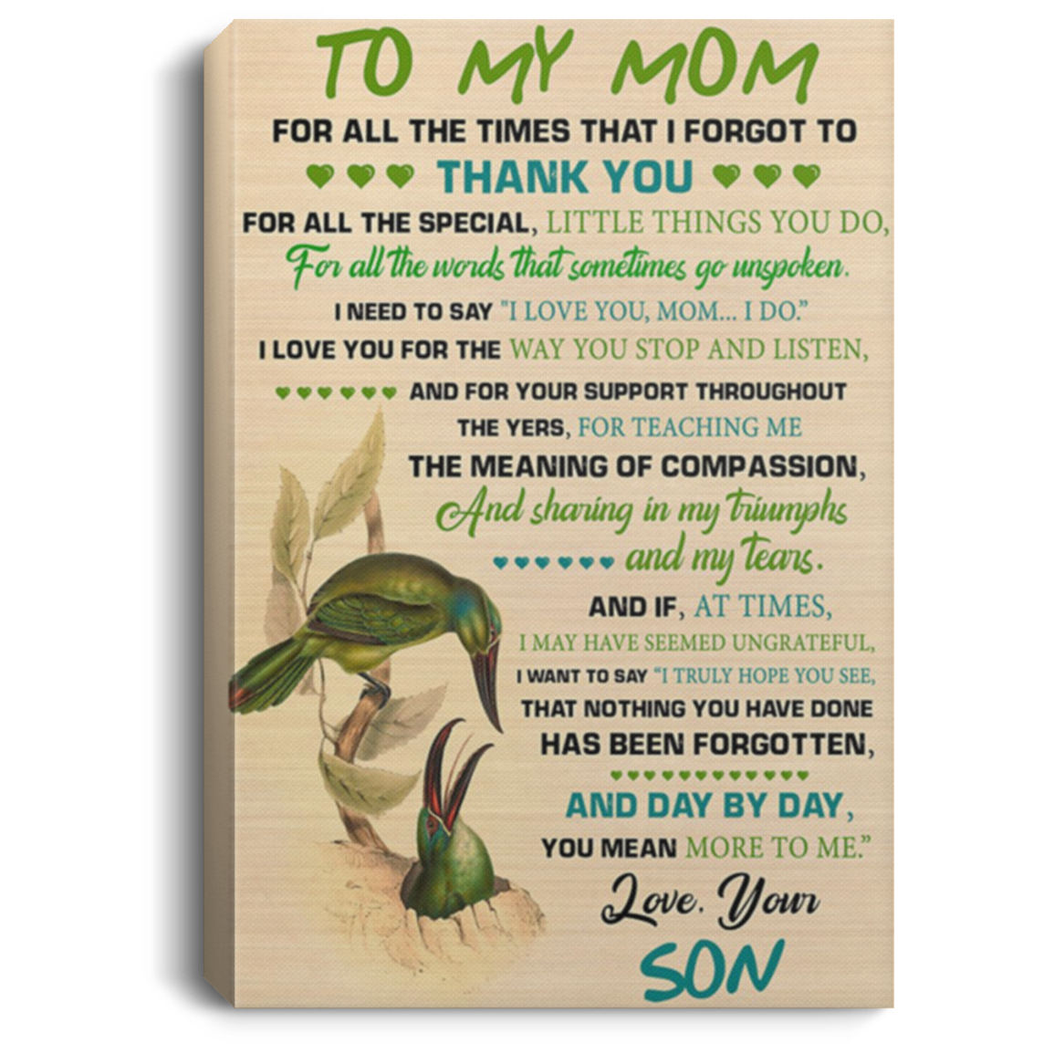200813BB To My Mom For All The Times That I Forgot To Thank You Inspirational Canvas Wall Art Bird Poster Gift From Son