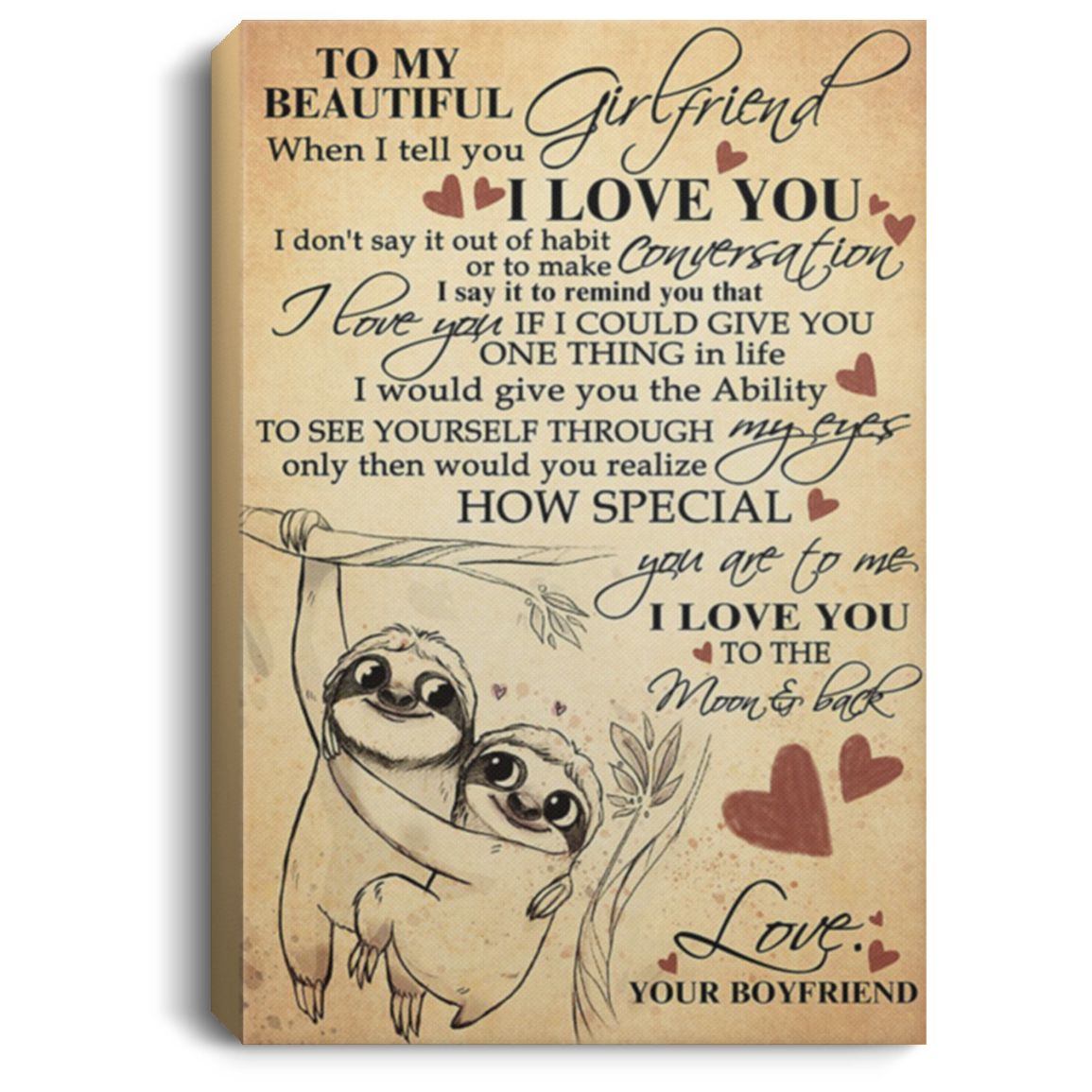 200813BB Boyfriend To Girlfriend Sloth Wall Art Canvas Bedroom - I Love You To The Moon And Back Poster Gift On Birthday Christmas Valentine's Day