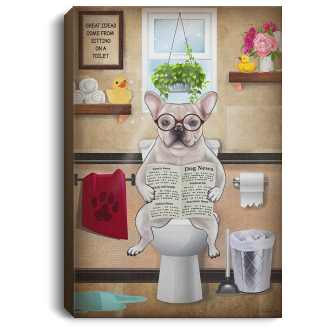 200822H French Bulldog Read News On Toilet Wrapped Framed Canvas Wall Art Funny Gift For Men Women On Birthday Xmas Anniversary 8x12 12x18 16x24