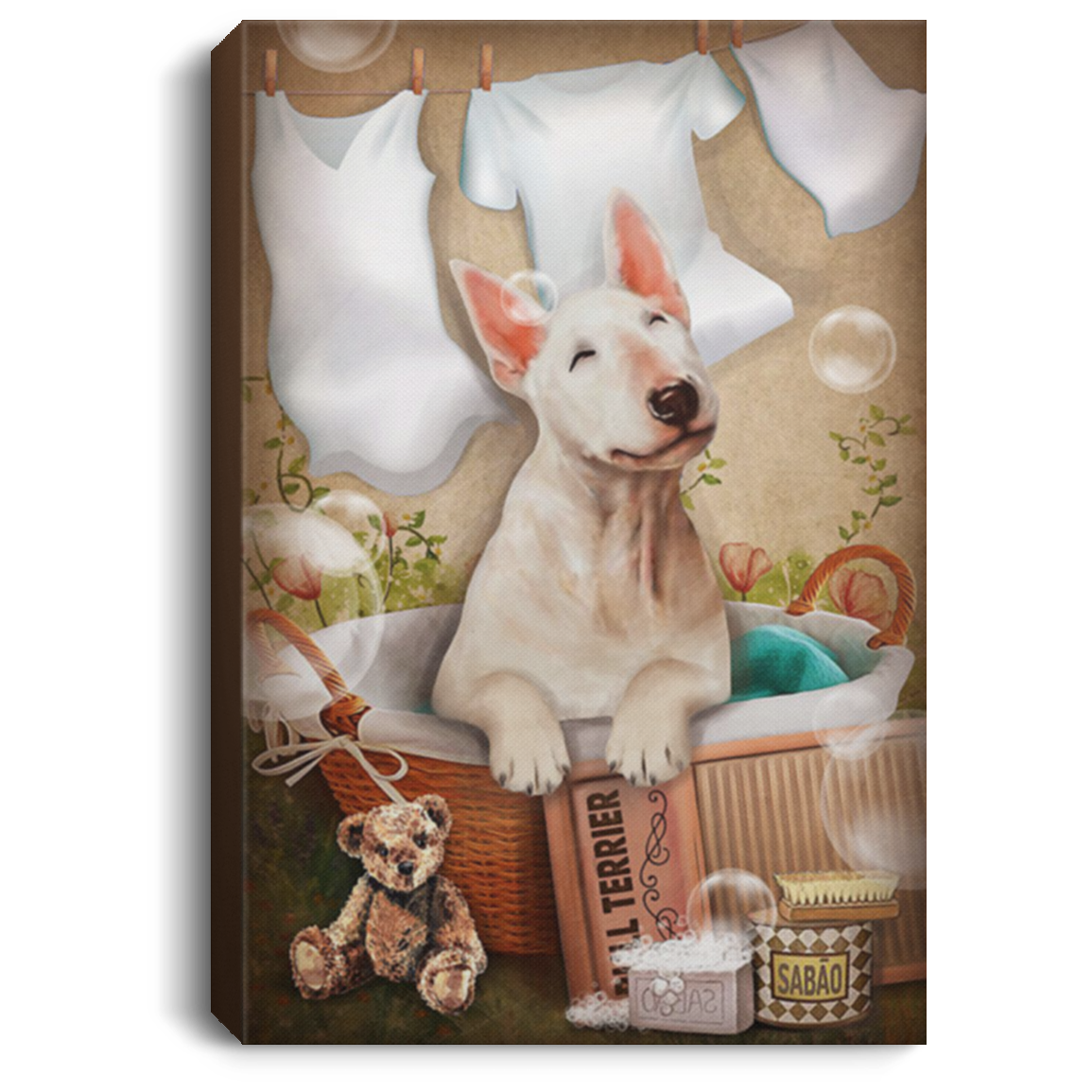200822H Bull Terrier Drying Clothes Wall Art Canvas Custom Best Gift For Men Women On Birthday Christmas Wrapped Ready To Hang 8x12 12x18 16x24
