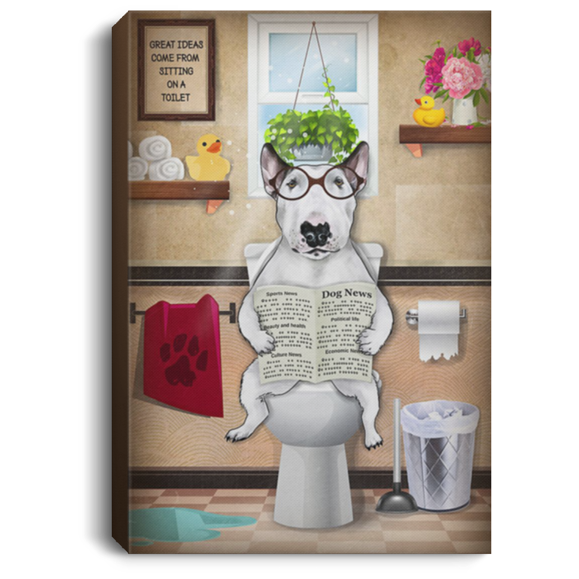 200822H Bull Terrier On A Toilet Canvas Posters For Walls Funny Gift For Men Women On Birthday Christmas Wrapped Ready To Hang 8x12 12x18 16x24