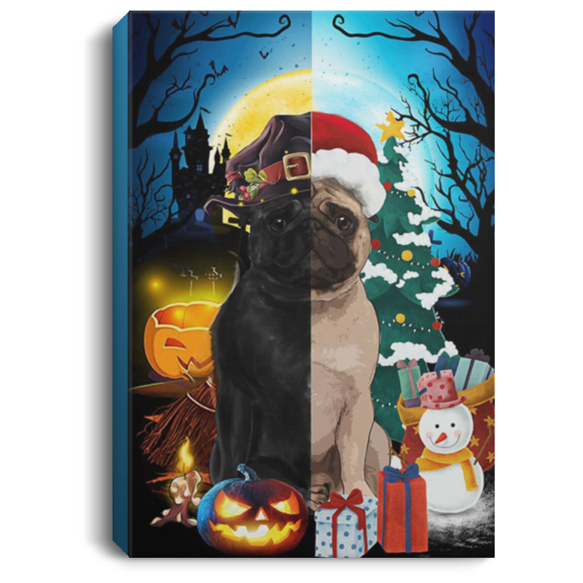 200822H Pugs Halloween & Christmas Canvas Wall Art For Living Room Bedroom Office Wrapped Ready To Hang 8x12 12x18 16x24