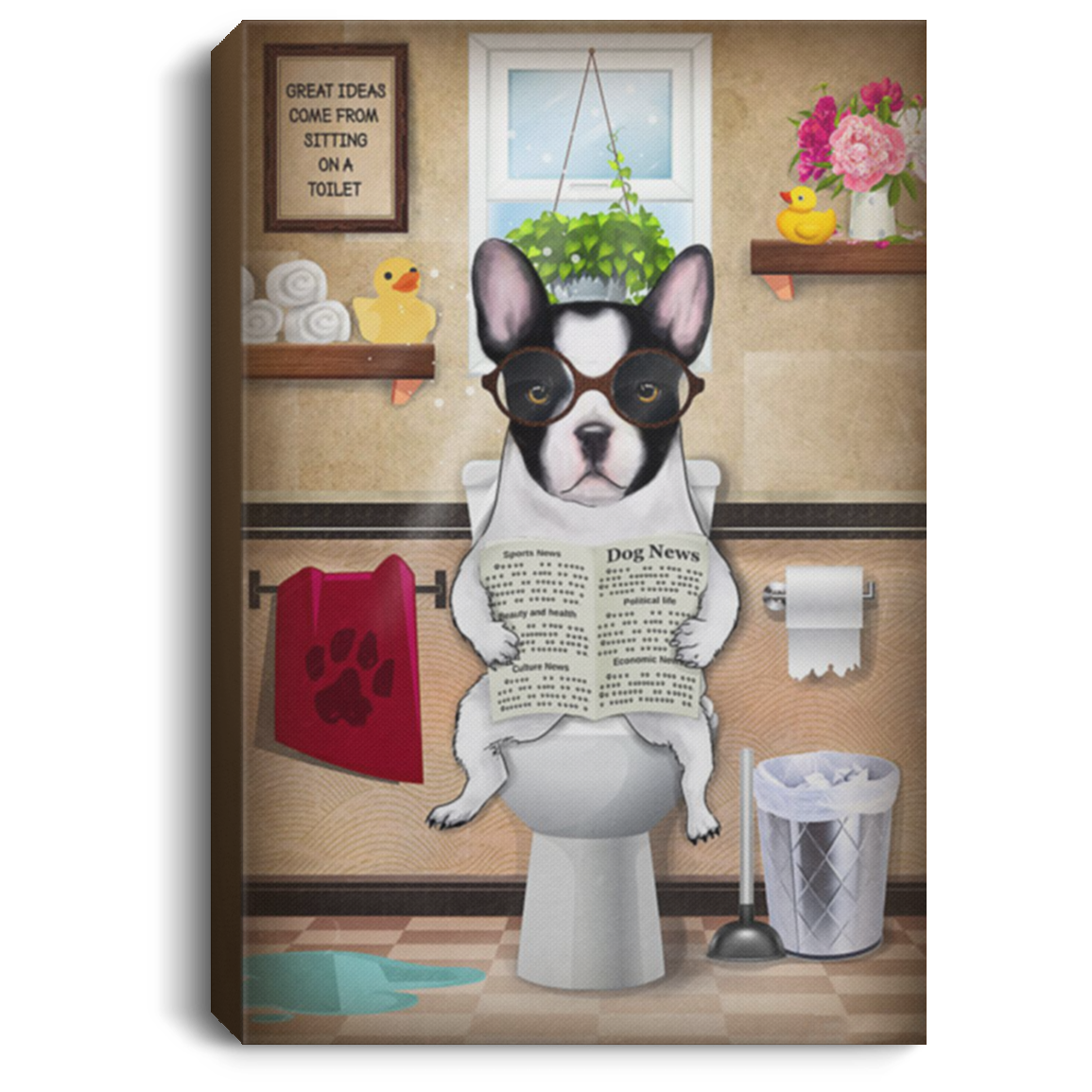 200822H French Bulldog Great Ideas Come From Sitting On A Toilet Canvas Poster Wall Art Wrapped Ready To Hang 8x12 12x18 16x24
