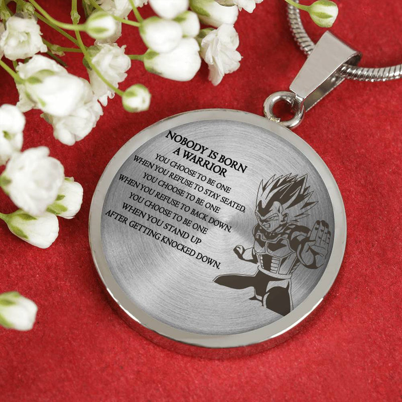 Nobody Born A Warrior Pendant Necklace Vegeta Jewelry Necklaces for Men Boys - Anniversary Birthday Gifts for Dad Brother Husband Boyfriend Dragon Ball Super Fan