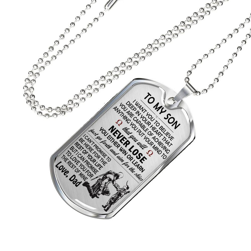 Son Miliary Dog Tag Personalized From Father - Believe Deep In Your Heart Necklace Chain - Son Graduation Gifts Birthday Christmas Gag Gift Pendant Jewelry Silver/Gold