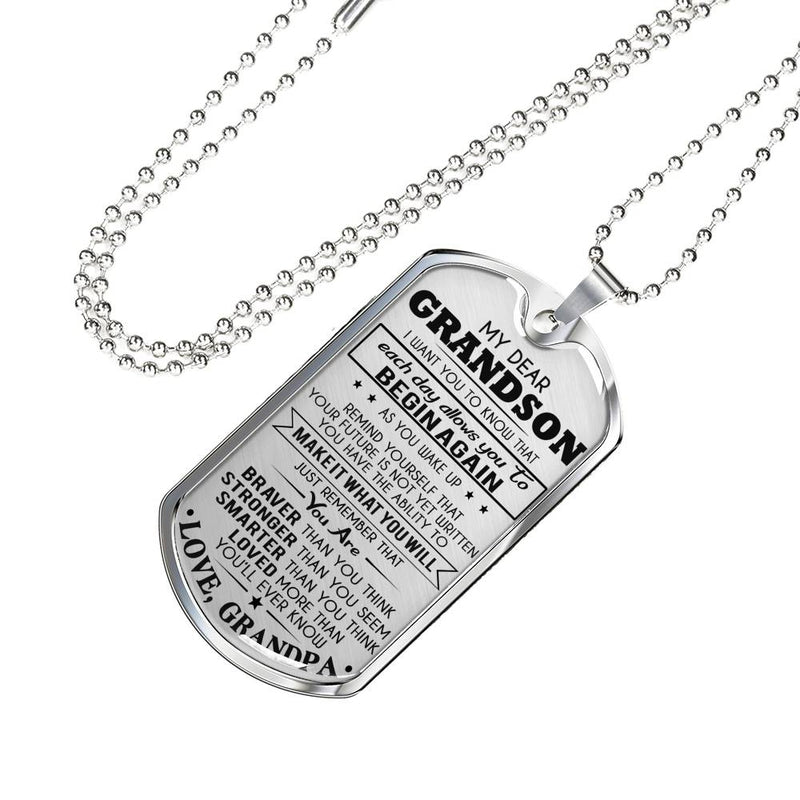 Dear Grandson Dog Tag From Grandpa - You Are Braver Stronger Smart Loved Pendant Necklace Grandfather And Child - Graduation Birthday Gifts For Little Boy