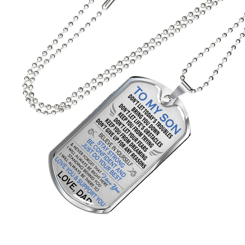 Son Dog Tag Military From Father - Love You Support You Silver/Gold Pendant Necklace - Son Presents From Dad, Son Graduation Gifts, Son Birthday Gift