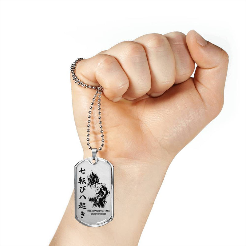 Fall Down Seven Times Quotes Dog Tag Military Ball Chain - Goku Pendant Necklace Chain - Happy Birthday Gifts For Dragon Ball Fan