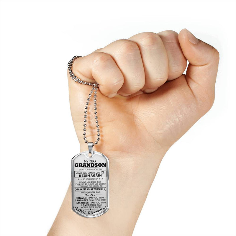 Dear Grandson Dog Tag From Grandpa - You Are Braver Stronger Smart Loved Pendant Necklace Grandfather And Child - Graduation Birthday Gifts For Little Boy