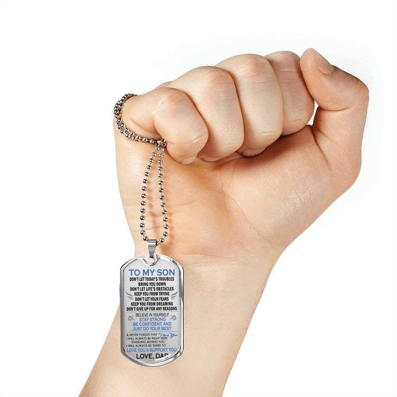 Son Dog Tag Military From Father - Love You Support You Silver/Gold Pendant Necklace - Son Presents From Dad, Son Graduation Gifts, Son Birthday Gift