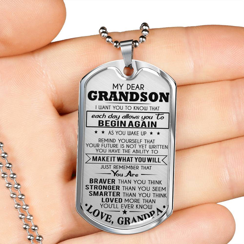 Dear Grandson Dog Tag From Grandpa - You Are Braver Stronger Smart Loved Pendant Necklace Grandfather And Child - Graduation Birthday Gifts For Little Boy