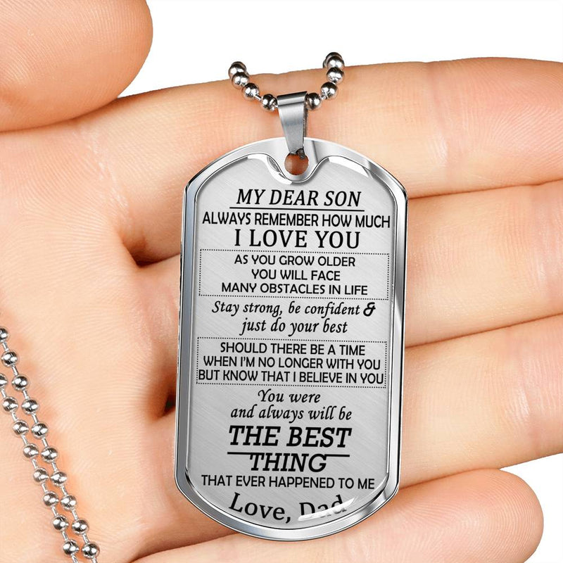 My Dear Son Dog Tag Military Love Dad - Father And Son, I Love You Silver/Gold Pendant Necklace - Birthday Presents For Son , Son Graduation Gifts, Son Christmas Gift