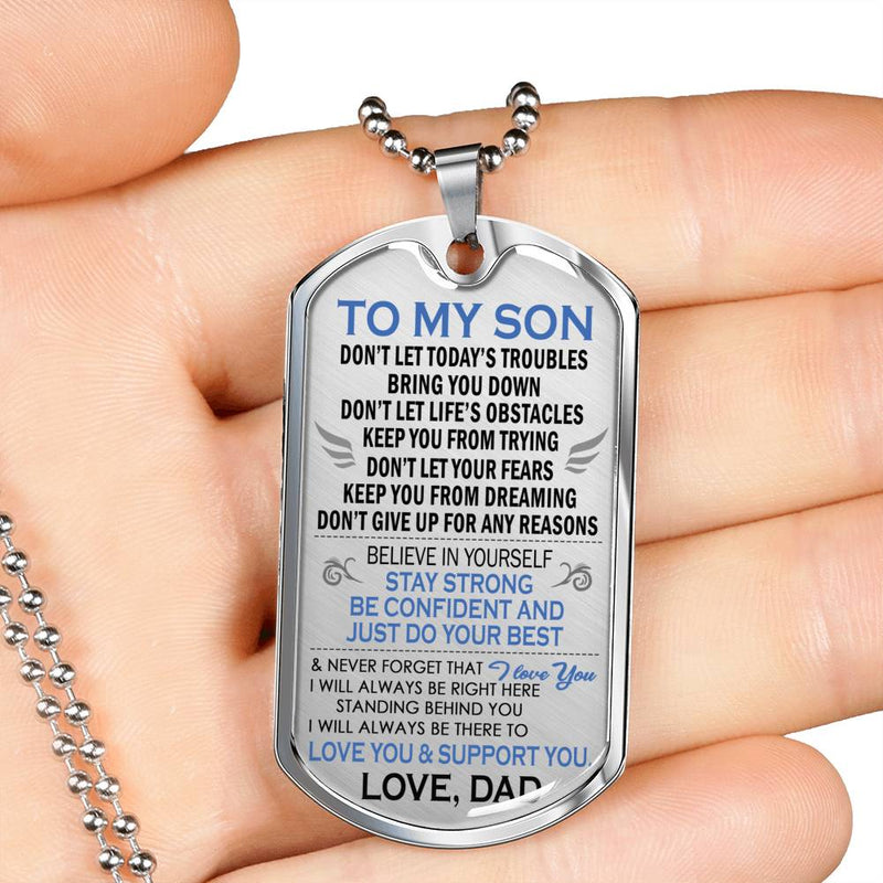 Son Dog Tag Military From Father - Love You Support You Silver/Gold Pendant Necklace - Son Presents From Dad, Son Graduation Gifts, Son Birthday Gift