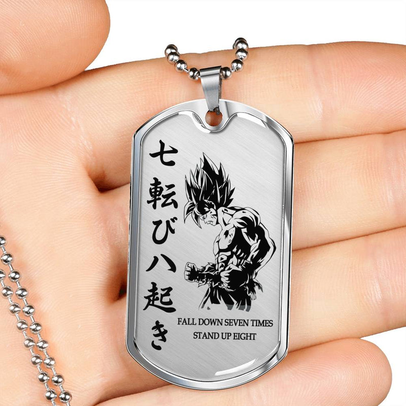Fall Down Seven Times Quotes Dog Tag Military Ball Chain - Goku Pendant Necklace Chain - Happy Birthday Gifts For Dragon Ball Fan