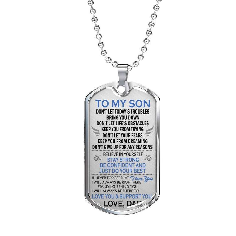 Son Dog Tag Military From Father - Love You Support You Silver/Gold Pendant Necklace - Son Presents From Dad, Son Graduation Gifts, Son Birthday Gift
