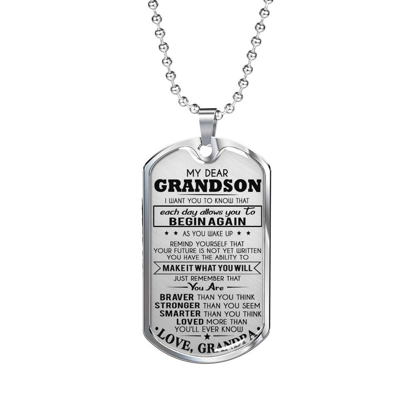 Dear Grandson Dog Tag From Grandpa - You Are Braver Stronger Smart Loved Pendant Necklace Grandfather And Child - Graduation Birthday Gifts For Little Boy