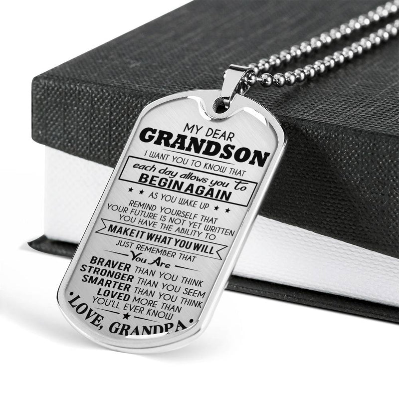 Dear Grandson Dog Tag From Grandpa - You Are Braver Stronger Smart Loved Pendant Necklace Grandfather And Child - Graduation Birthday Gifts For Little Boy