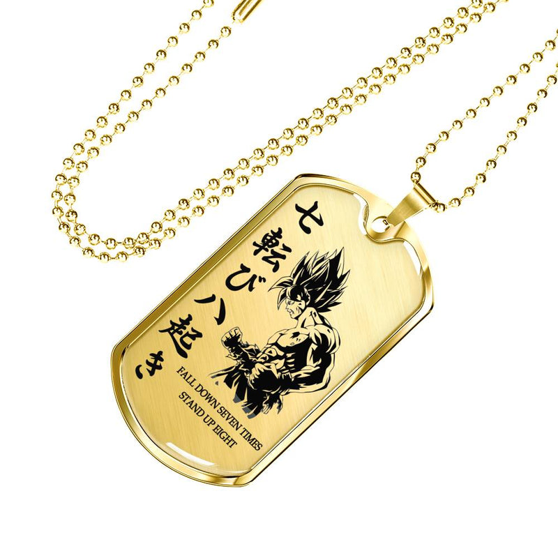 Fall Down Seven Times Quotes Dog Tag Military Ball Chain - Goku Pendant Necklace Chain - Happy Birthday Gifts For Dragon Ball Fan