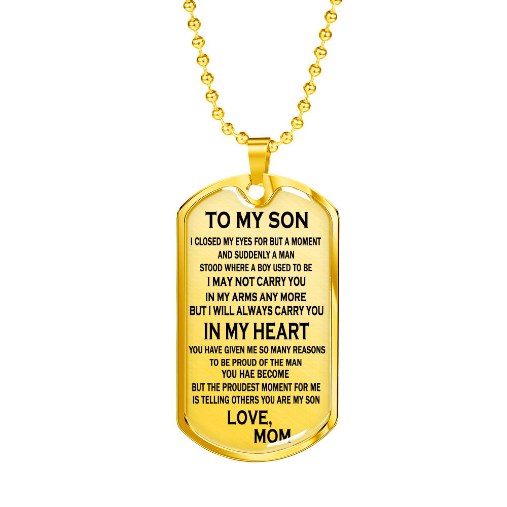 CHISIDE To My Son Dog Tag Pendant Personalized - I Will Always Carry You In My Heart Necklace Chain Christmas Birthday Gag Gifts For Little Boy From Mom