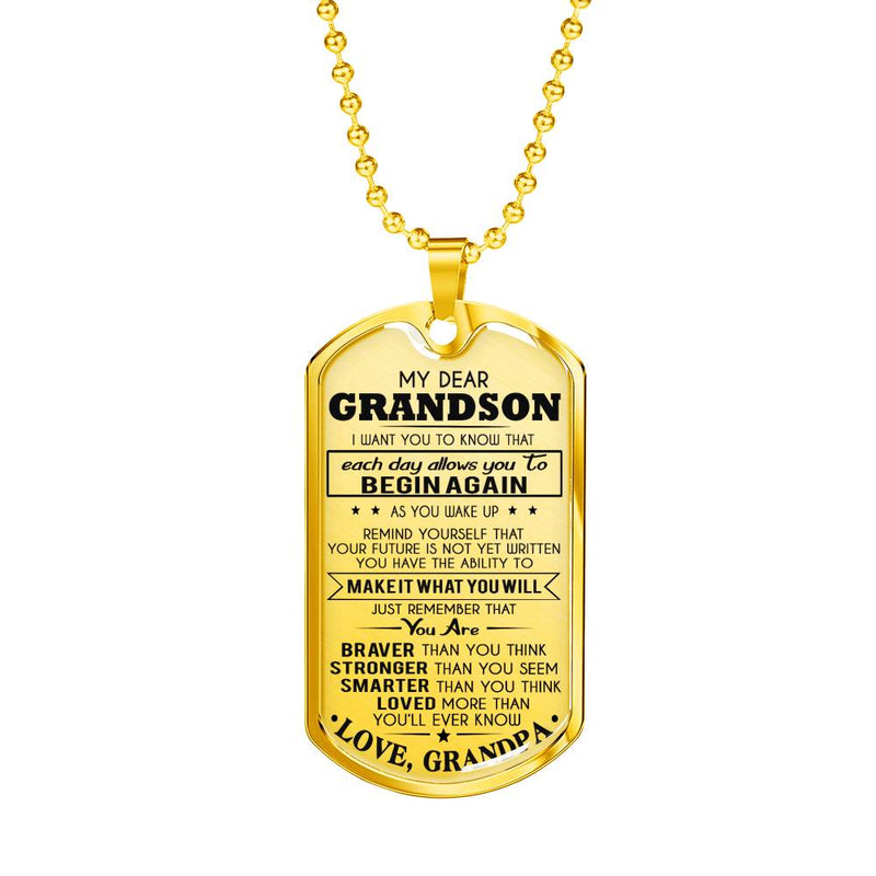 Dear Grandson Dog Tag From Grandpa - You Are Braver Stronger Smart Loved Pendant Necklace Grandfather And Child - Graduation Birthday Gifts For Little Boy