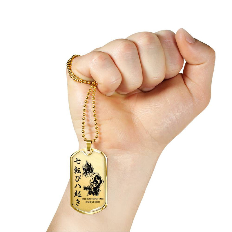 Fall Down Seven Times Quotes Dog Tag Military Ball Chain - Goku Pendant Necklace Chain - Happy Birthday Gifts For Dragon Ball Fan