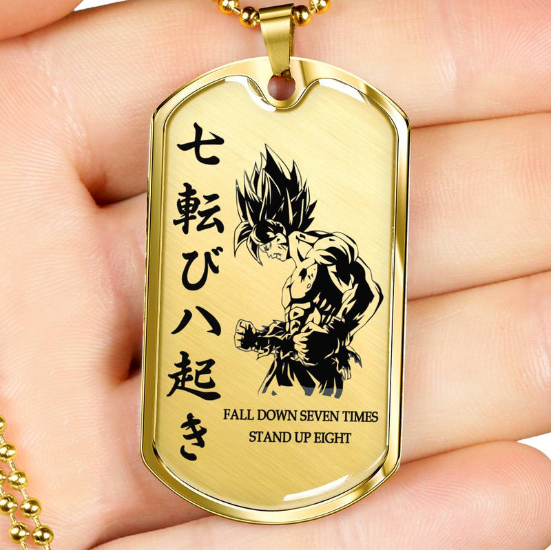 Fall Down Seven Times Quotes Dog Tag Military Ball Chain - Goku Pendant Necklace Chain - Happy Birthday Gifts For Dragon Ball Fan