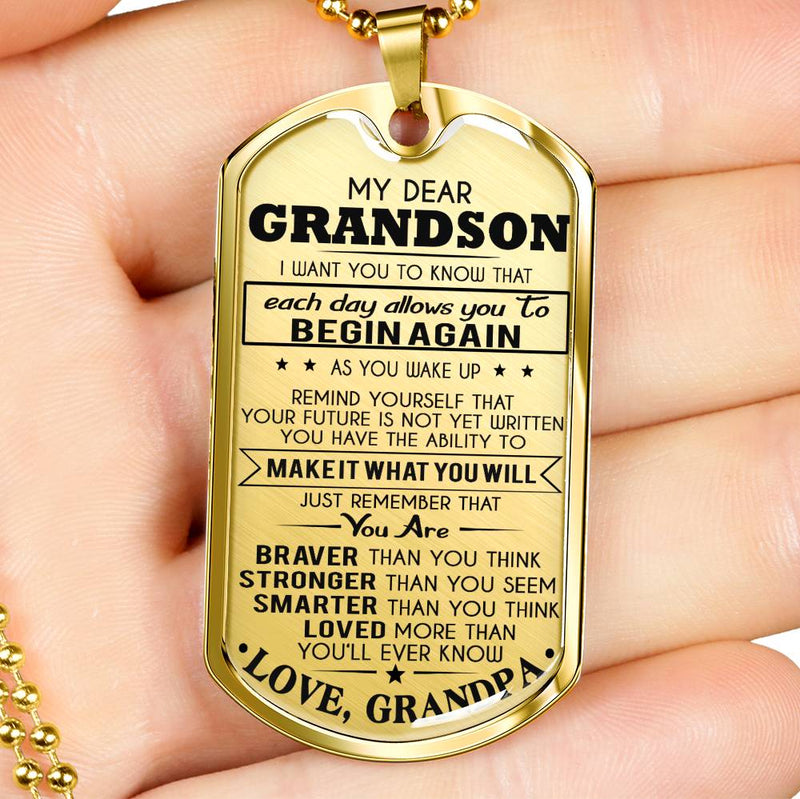 Dear Grandson Dog Tag From Grandpa - You Are Braver Stronger Smart Loved Pendant Necklace Grandfather And Child - Graduation Birthday Gifts For Little Boy