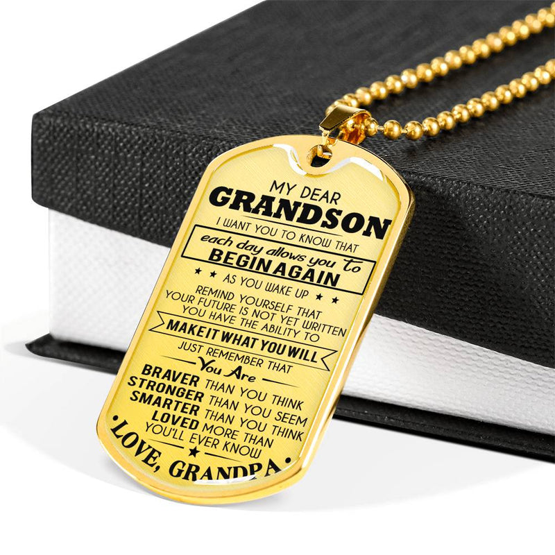 Dear Grandson Dog Tag From Grandpa - You Are Braver Stronger Smart Loved Pendant Necklace Grandfather And Child - Graduation Birthday Gifts For Little Boy
